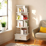 Rotating Bookshelf With Wheels And Drawer, 360° Spinning Design, Space Saving Storage