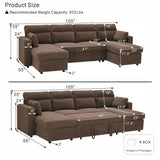 Convertible Sectional Sofa With Storage Chaise, Cup Holders And Pull Out Sleeper