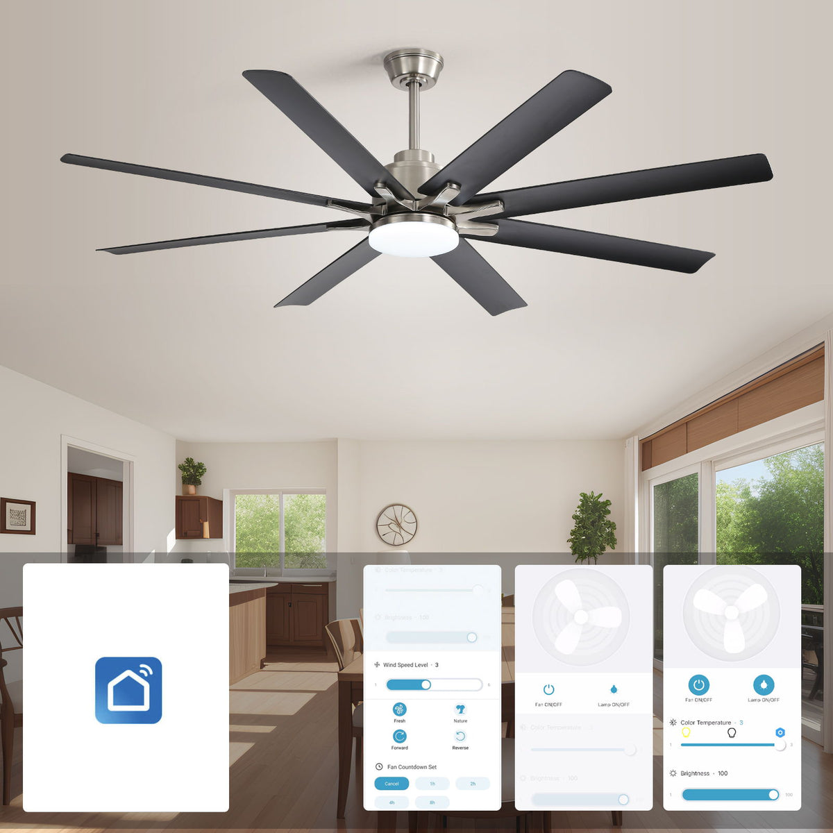 66" Low Profile Ceiling Fan With Dimmable LED Lights, 6 Speed Reversible DC Motor For Indoor - Brushed Nickel