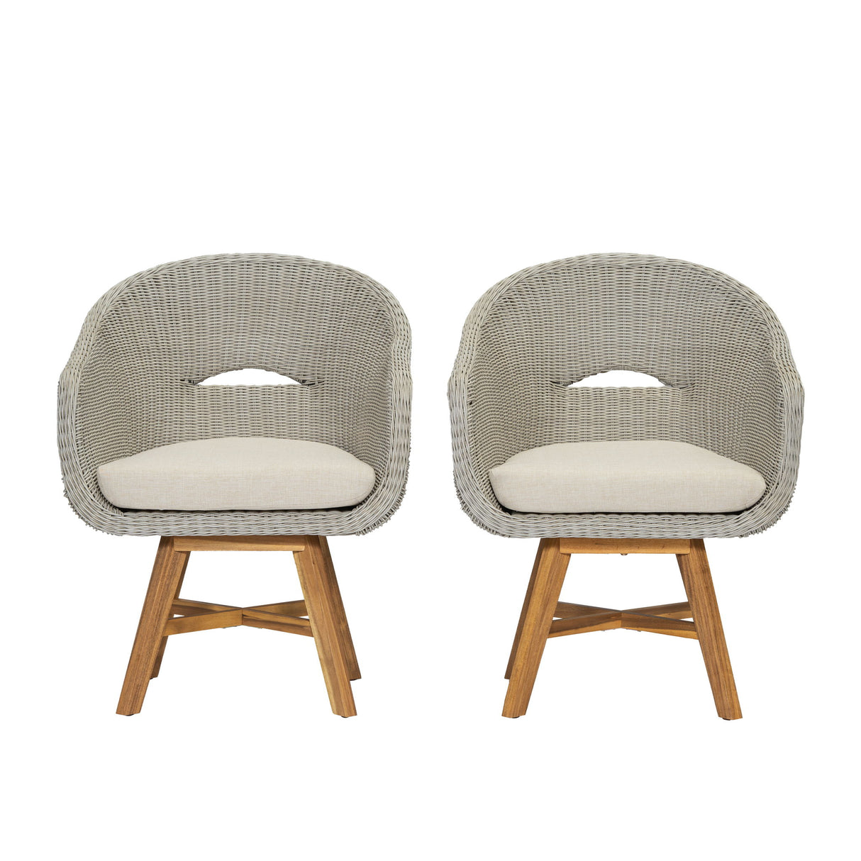 Modern Coastal Rattan Dining Chairs, (Set of 2), Solid Wood Legs - Beige