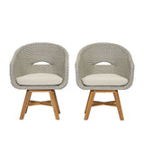 Modern Coastal Rattan Dining Chairs, (Set of 2), Solid Wood Legs - Beige