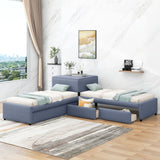 L Shaped Upholstered Platform Bed With Trundle And 2 Drawers Linked With Built In Desk