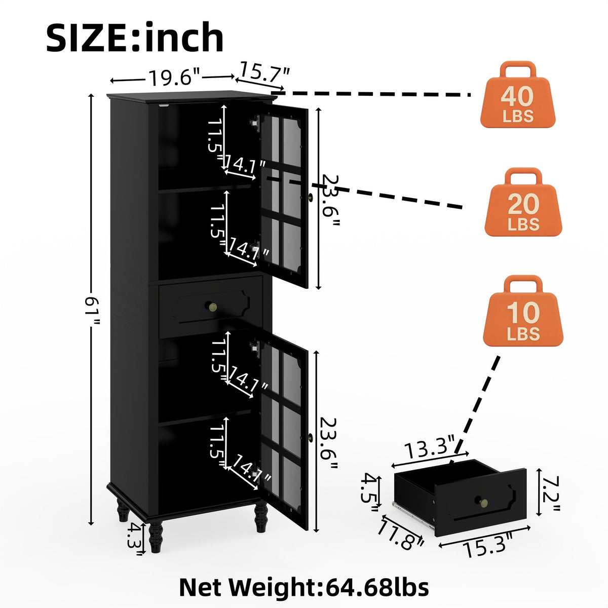 Storage Cabinet, Freestanding Curio Cabinet With Grid Doors & Drawer, Pantry Display Cabinet For Kitchen