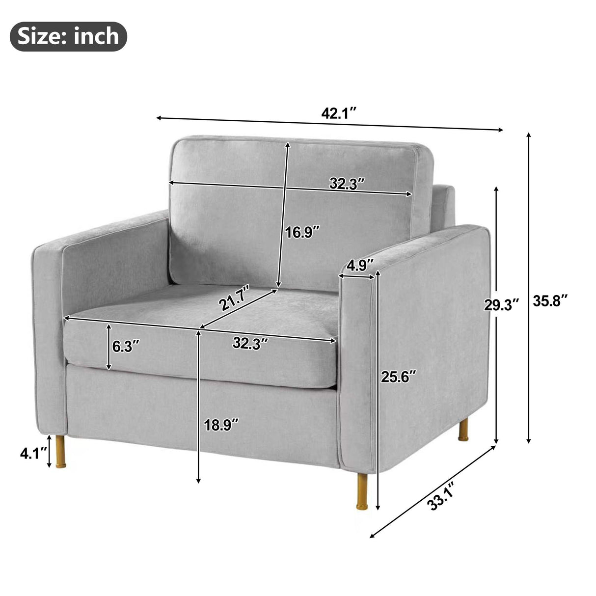 Accent Chair Upholstered Single Sofa With Square Arms, Sewn Pillow Back For Living Room