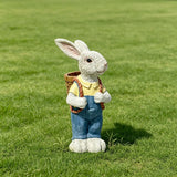 Simulated Couple Rabbit Statue Flower Pot Ornament, Resin Garden Sculpture Decor - Blue / White