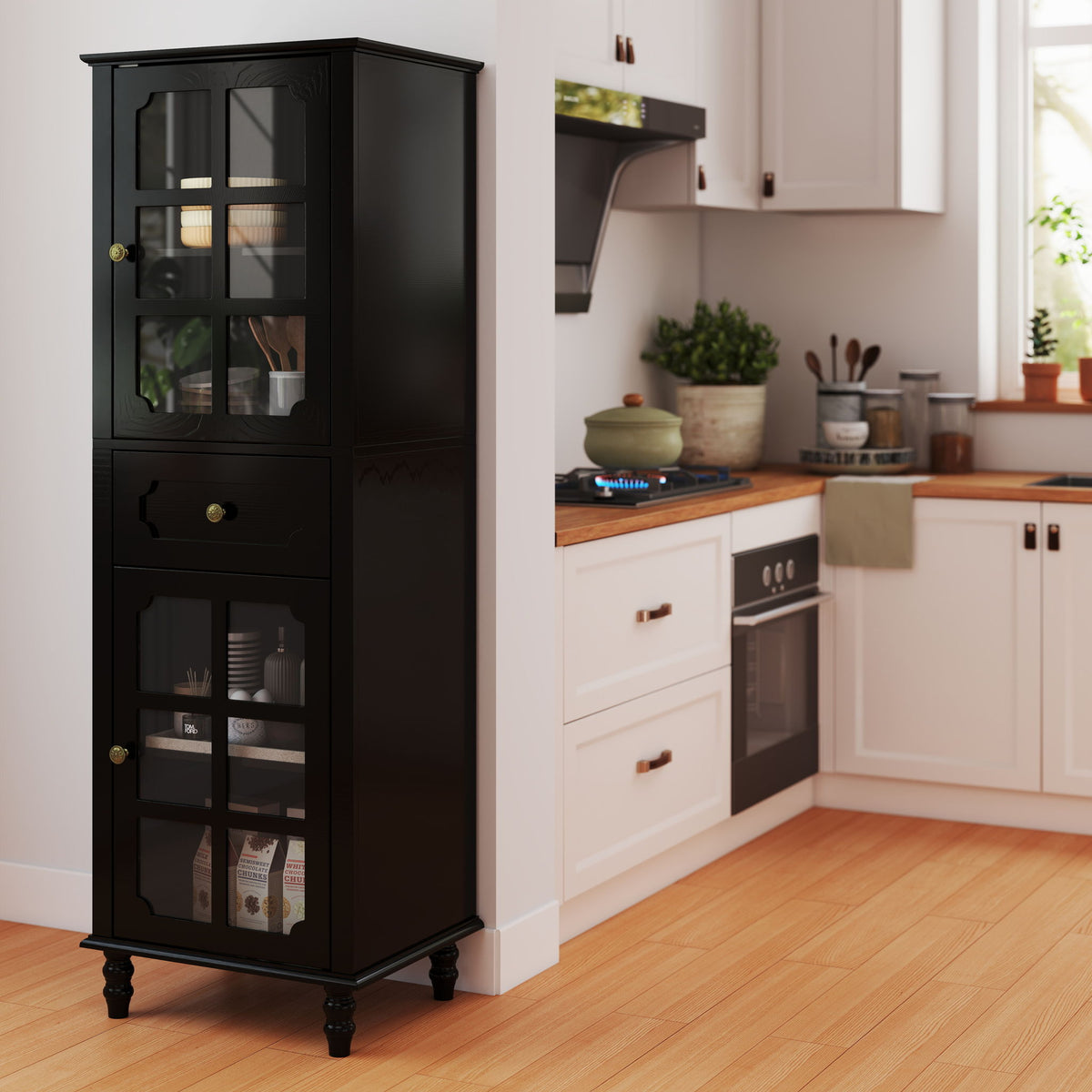 Storage Cabinet, Freestanding Curio Cabinet With Grid Doors & Drawer, Pantry Display Cabinet For Kitchen