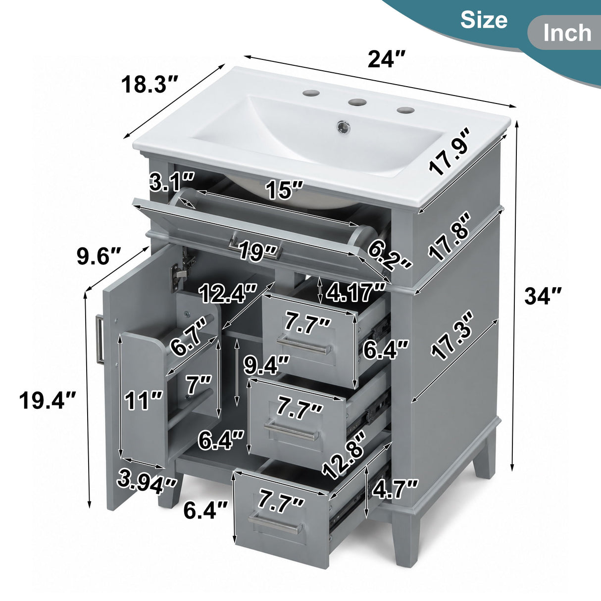 Modern Bathroom Vanity With Sink, Flip Drawer & 3 Drawers, Soft Close Hinges, Adjustable Shelf