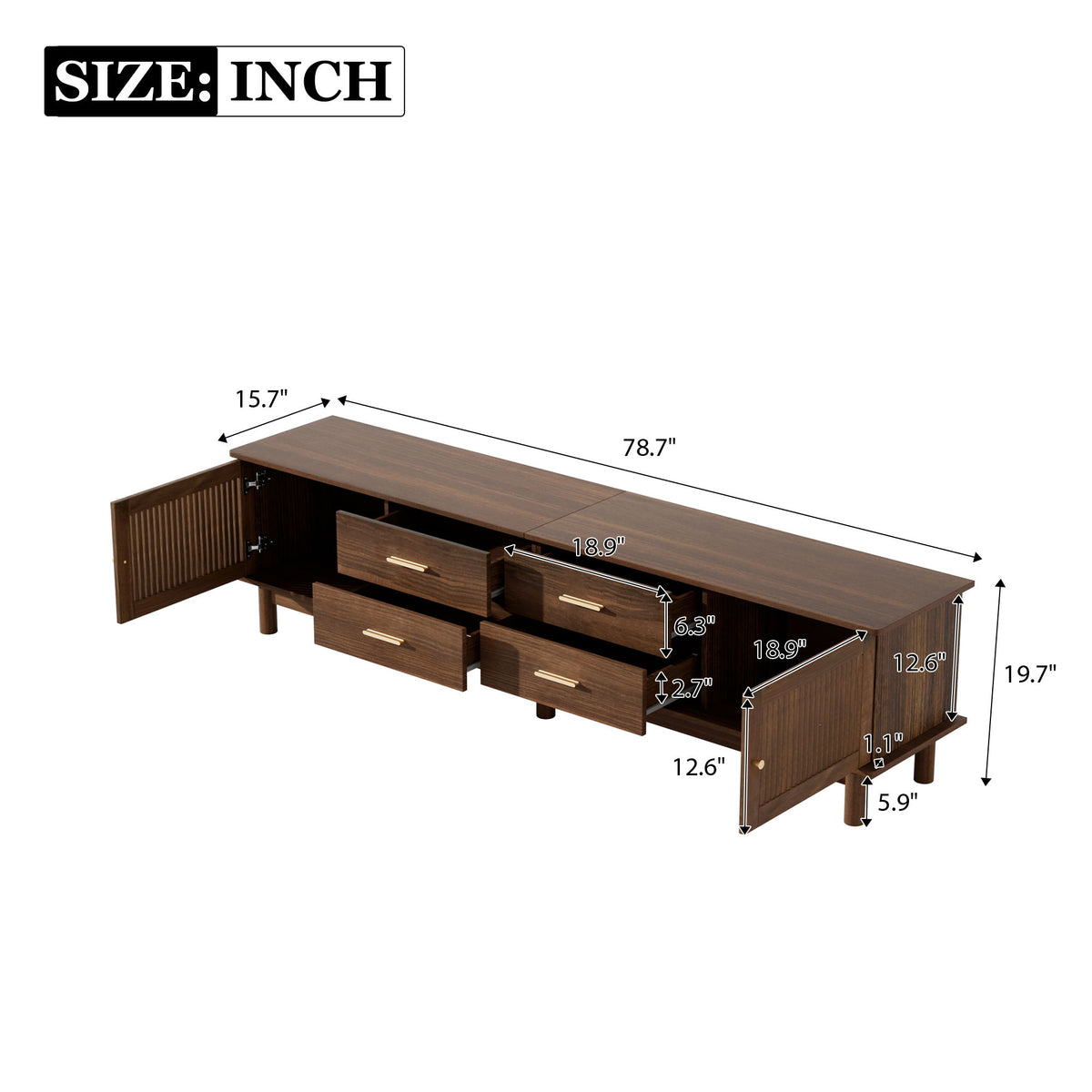 TV Stand For 85" TVs, 4 Smooth Glide Drawers - Walnut