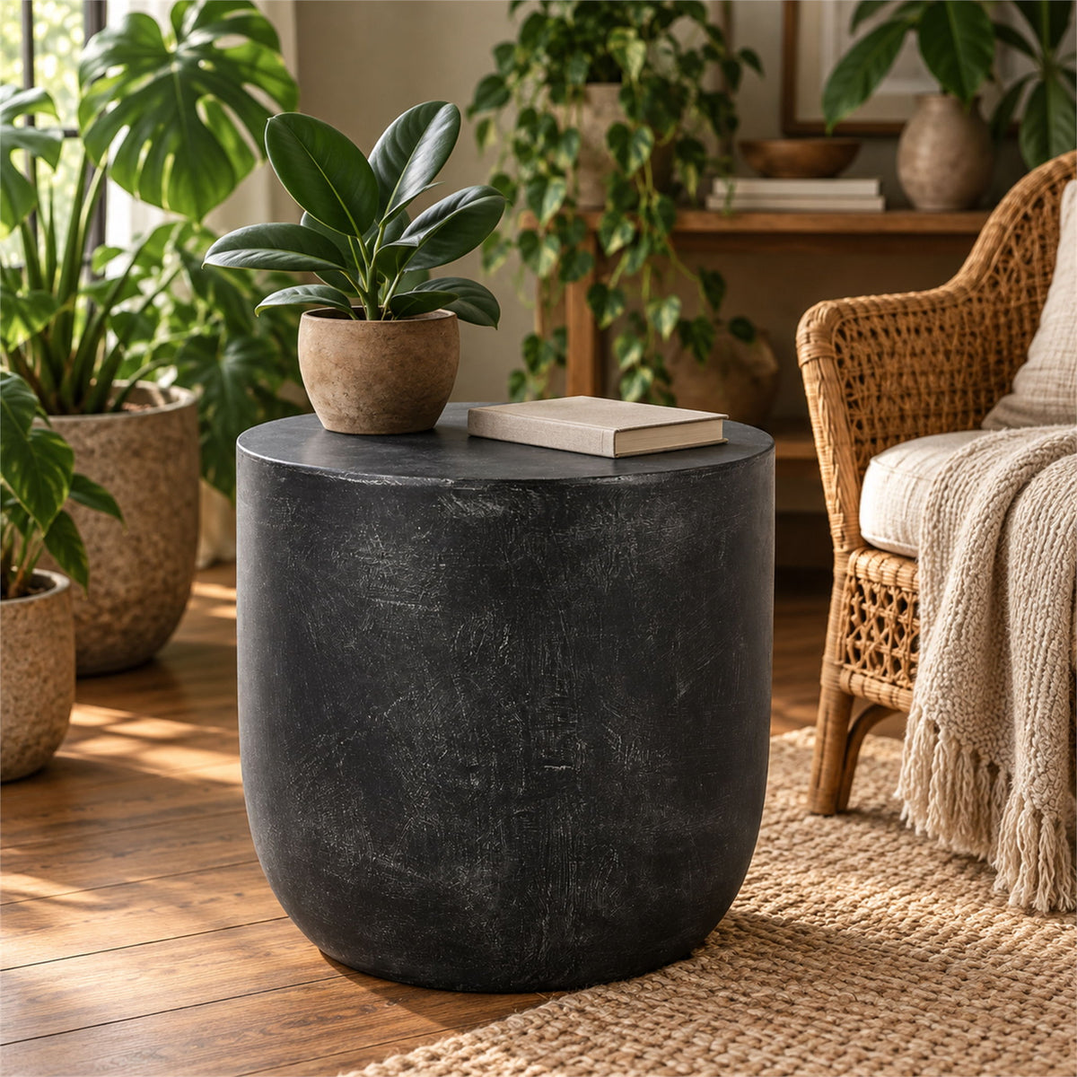 Outdoor Lightweight Concrete End Table With Natural Texture - Matte Black
