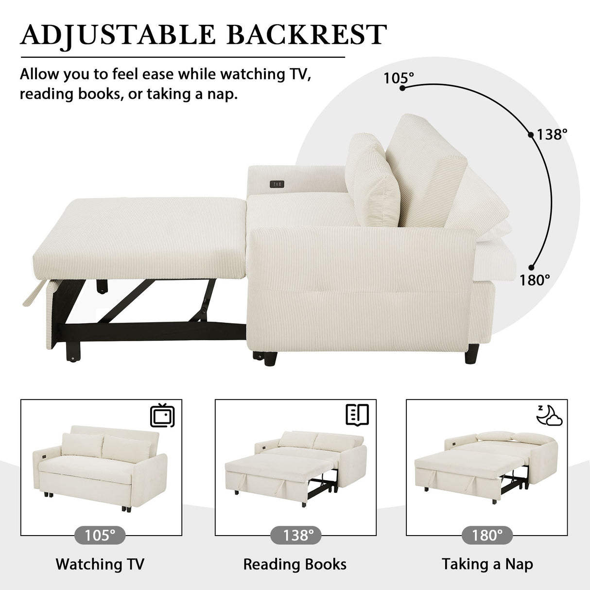 Pull-Out 2 Seat Modern Sleeper Sofa With 2 Throw Pillows And USB Ports