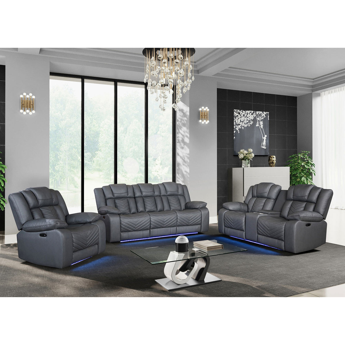 Raize - 10 Power Console Reclining Loveseat With LED And Immersive Sound - Gray