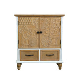 Accent Flower Carved Door Sideboard Cabinet With 2 Drawers For Kitchen - Natural Wood Wash / White