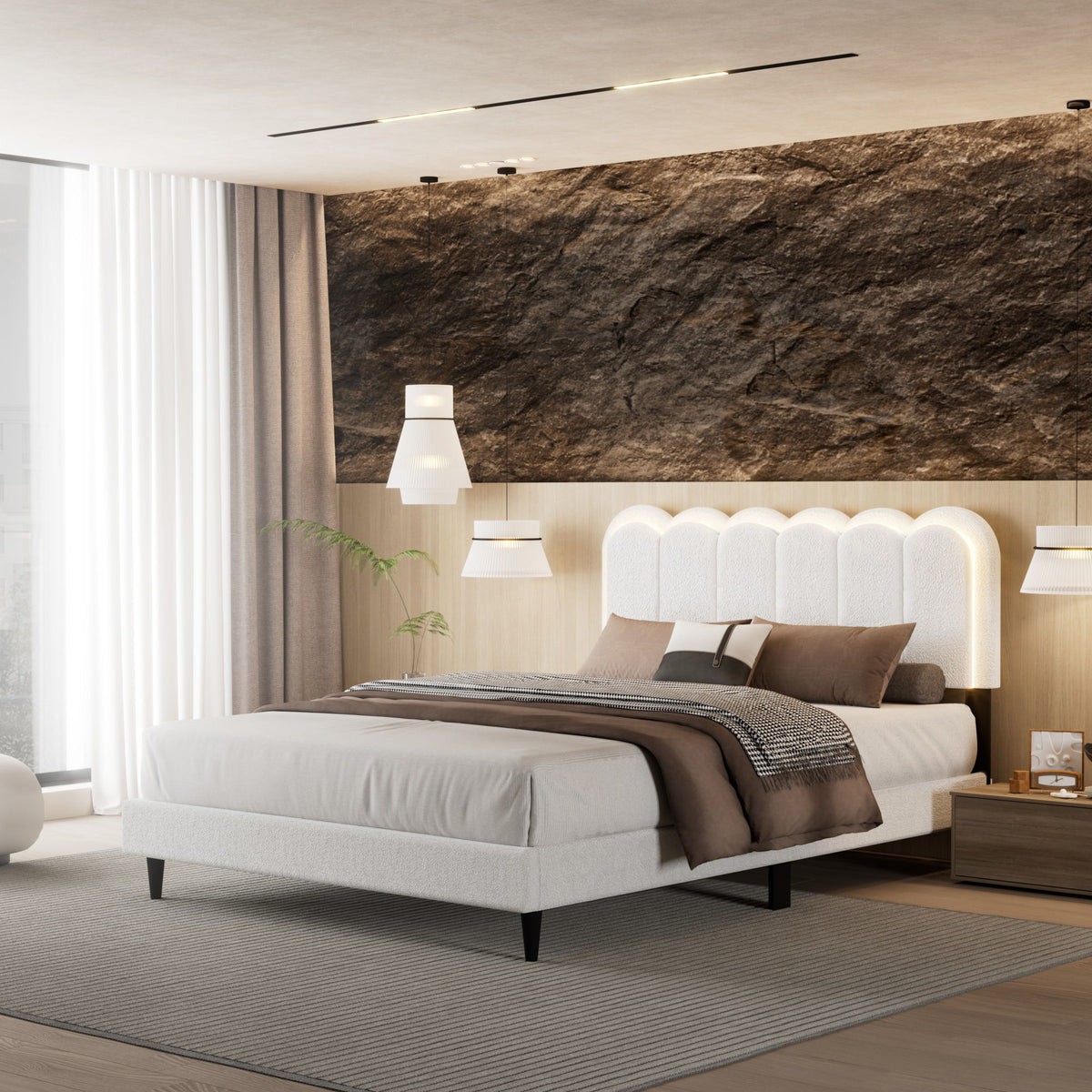 Queen Size Lambswool Petal Headboard Bed Frame With Ambient Light - White