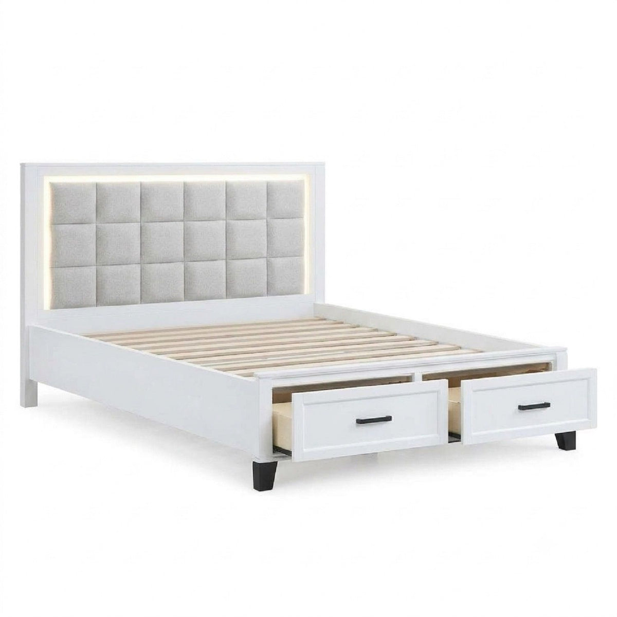 Upholstered Headboard Platform Bed With LED Lighting And Underbed Drawers