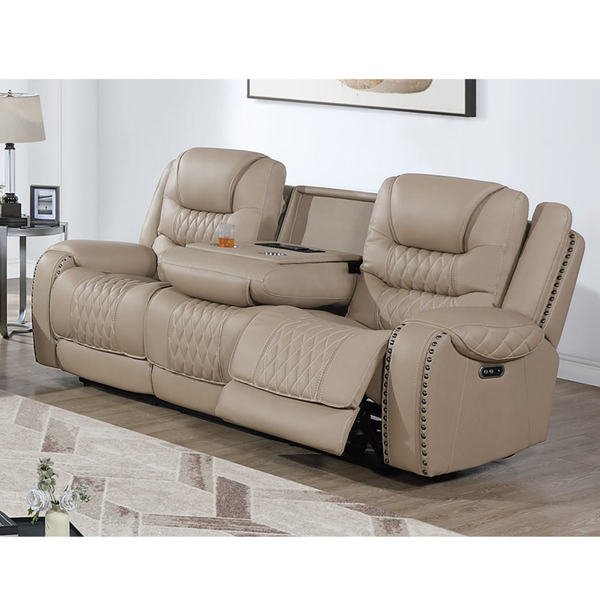 Power Reclining Sofa With USB Ports, Drop Down Table & Adjustable Headrest - Toffee