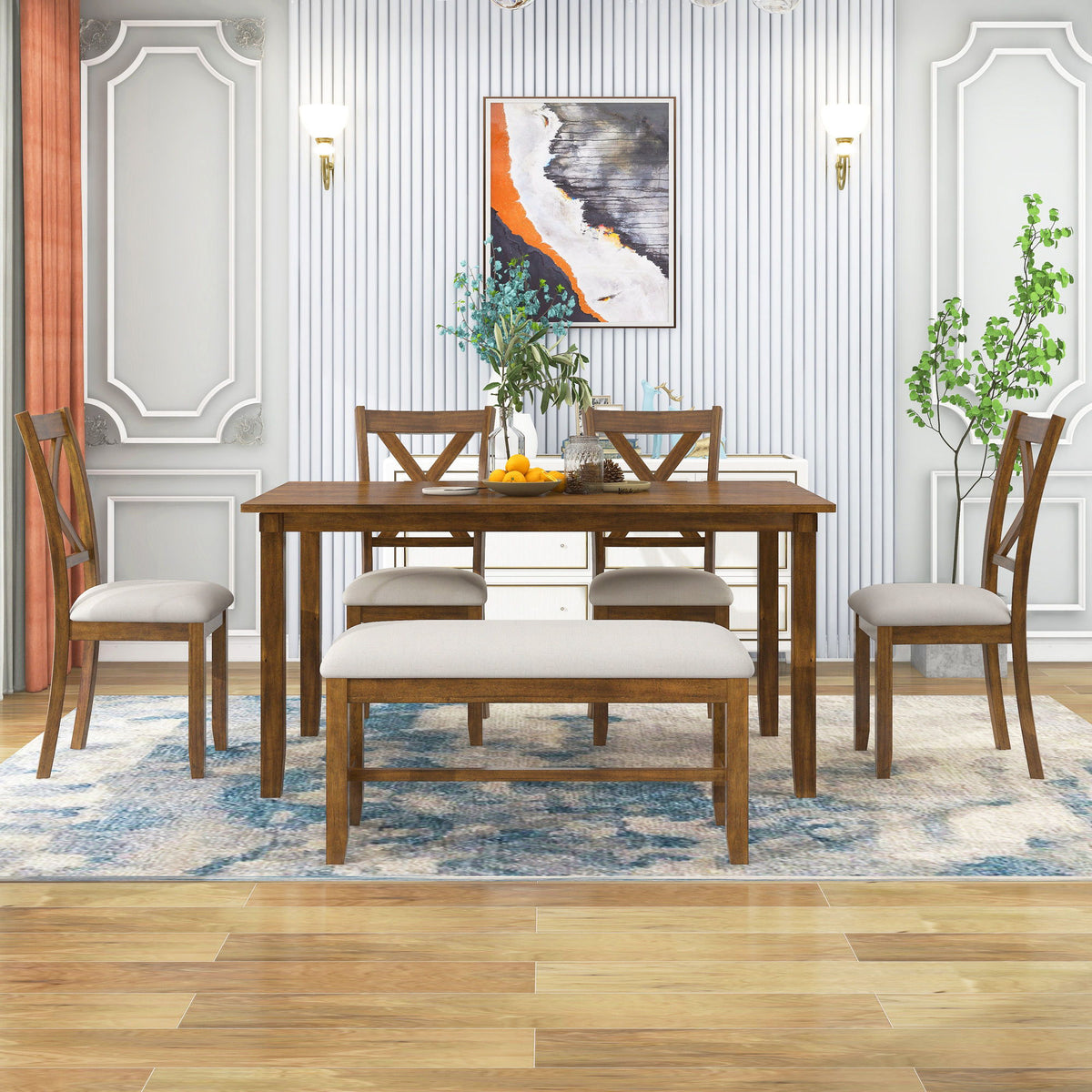 6 Piece Rectangular Dining Table Set With 4 Chairs And Bench