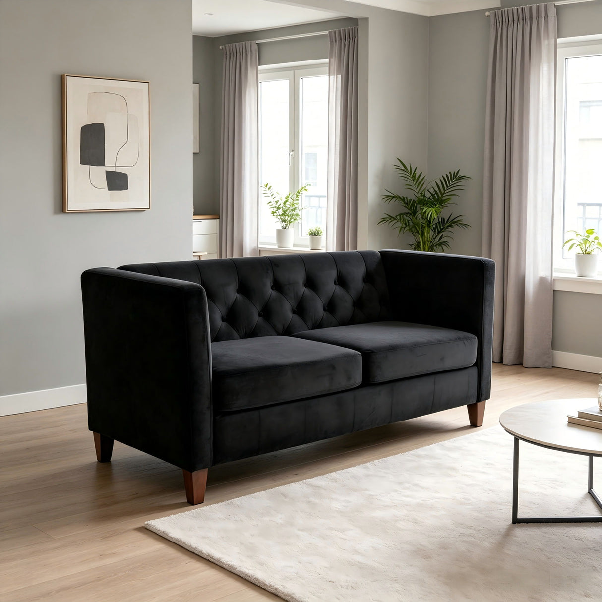 Button Tufted Loveseat, 2 Seater With Square Arm Couch For Living Room