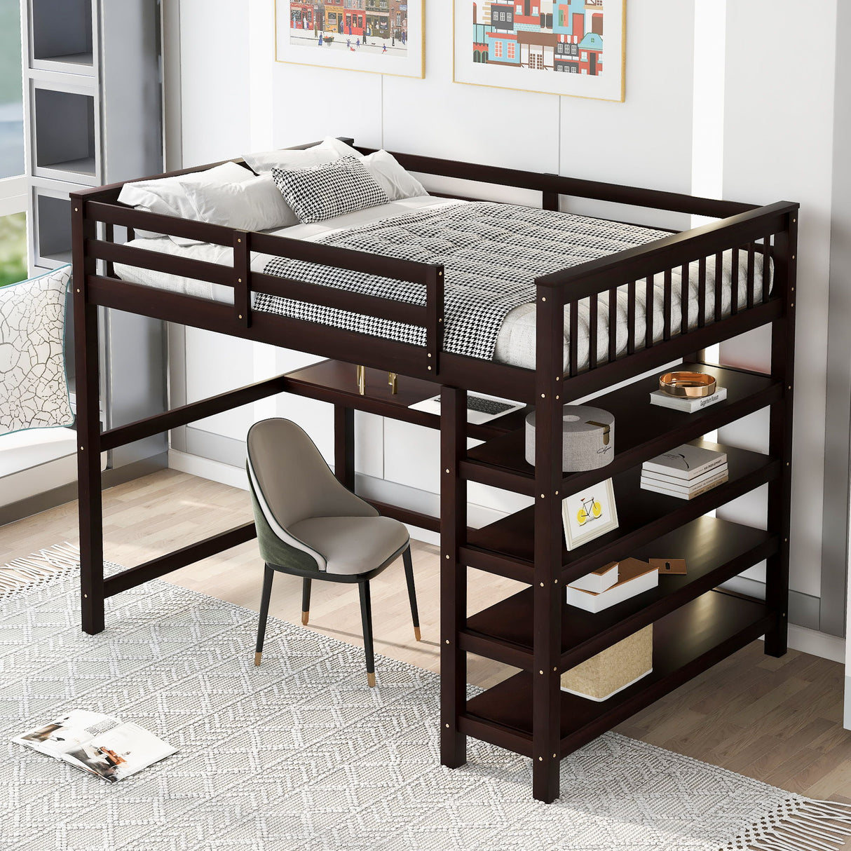 Loft Bed With Storage Shelves And Under Bed Desk