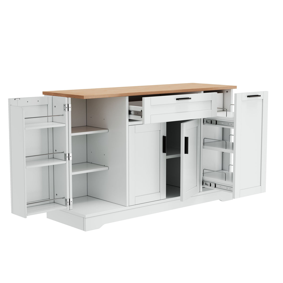 Sideboard With Extendable Table, Adjustable Shelves, 3 Tier Pull Out Rack - White