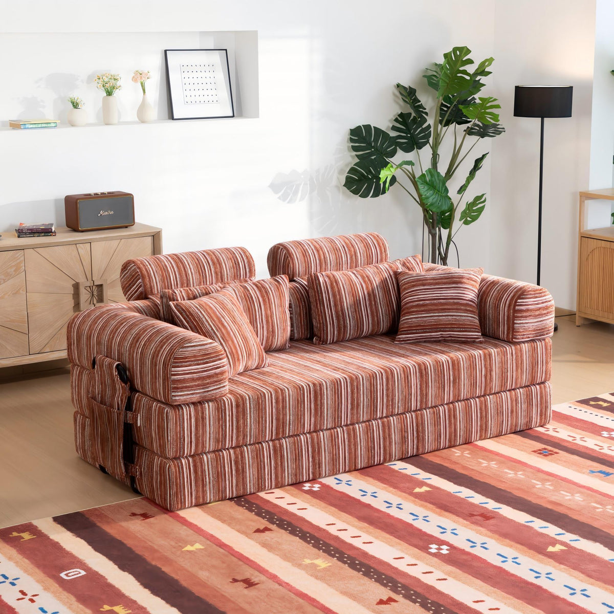 Convertible Sleeper Sofa Bed With High Density Compressed Sponge For Living Room - Red Striped
