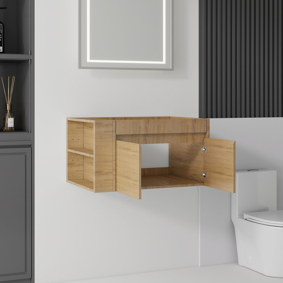 Floating Bathroom Vanity Cabinet, Soft Close Double Drawers, Open Side Storage, Wall Mounted, Cabinet Only