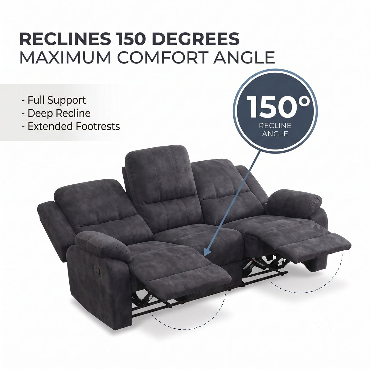 2 Piece Reclining Sofa Set, 3 Seat Sofa & 2 Seat Loveseat, 150° Recline - Dark Gray