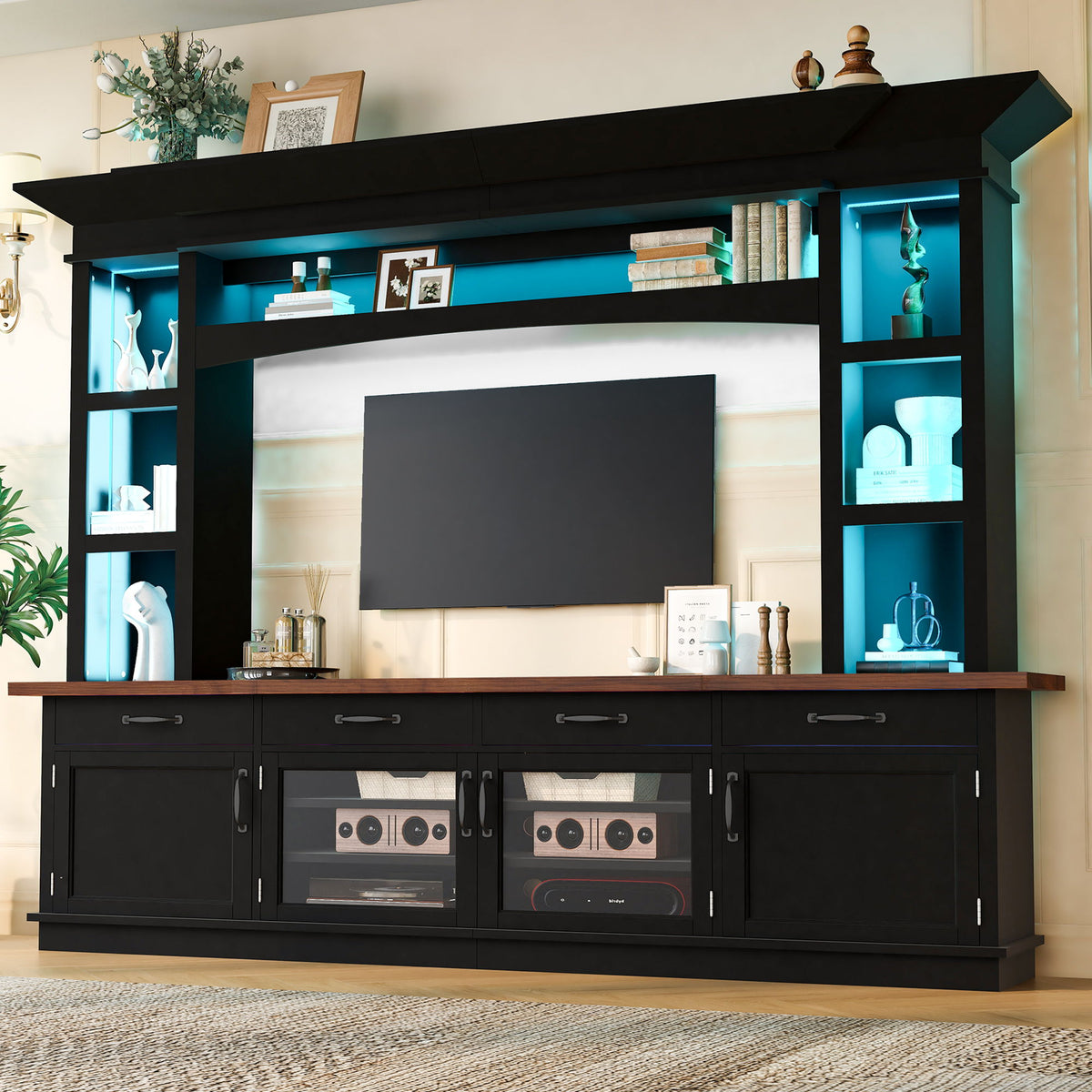 Extra Long TV Stand With 7 Color LED Lights, Adjustable Shelves & Storage Cabinets