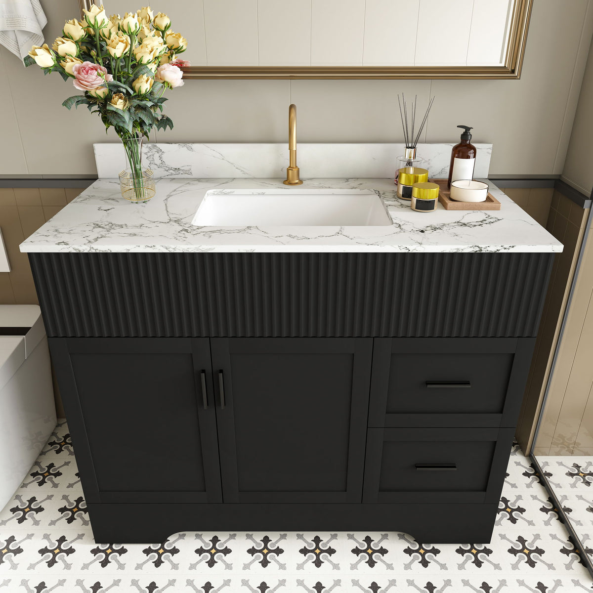 Bathroom Vanity Set, Fluted Cabinet, Soft Close Doors With Drawers, Single Faucet Hole, Sink Included - Black