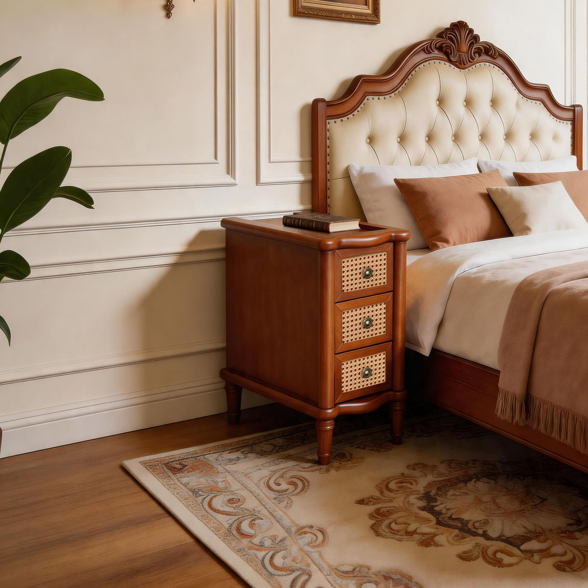Narrow Side Table With 3 Drawers, Nightstand For Bedroom - Walnut