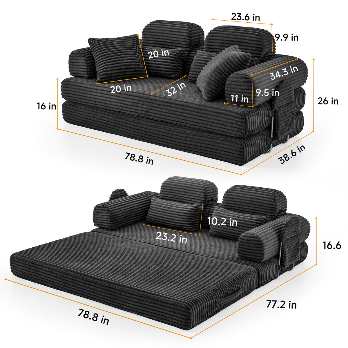 Convertible Sleeper Sofa With & Side Storage Pocket, Foldable Upholstered Couch For Living Room