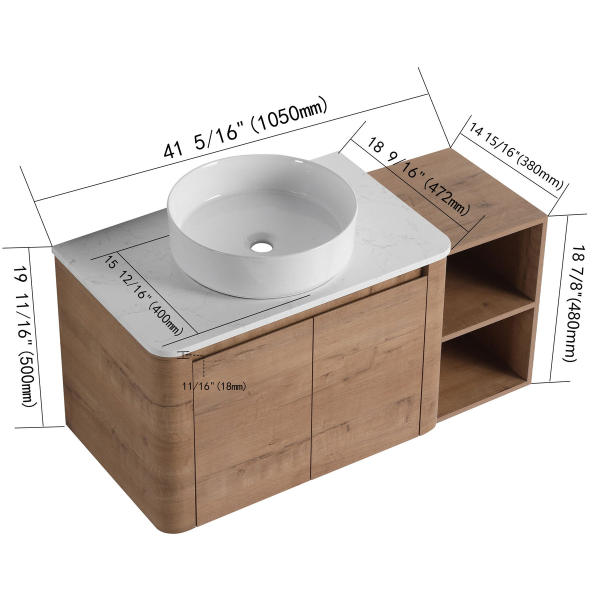 Wall Mounted Bathroom Vanity With Art Sink, 1 Storage Shelf, 2 Soft Close Doors