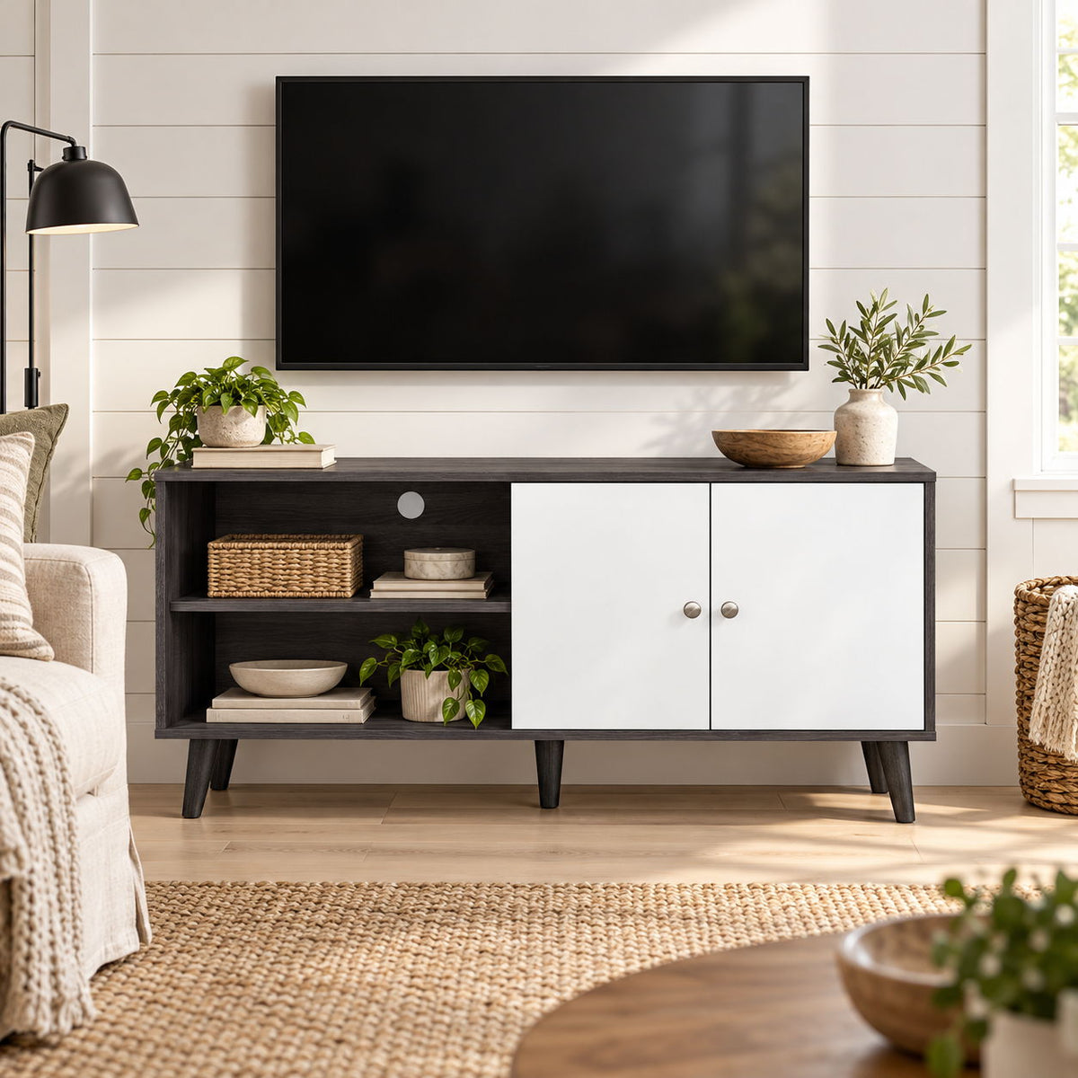 Amidon - TV Stand, With 2 Storage Shelves And 1 Cabinet