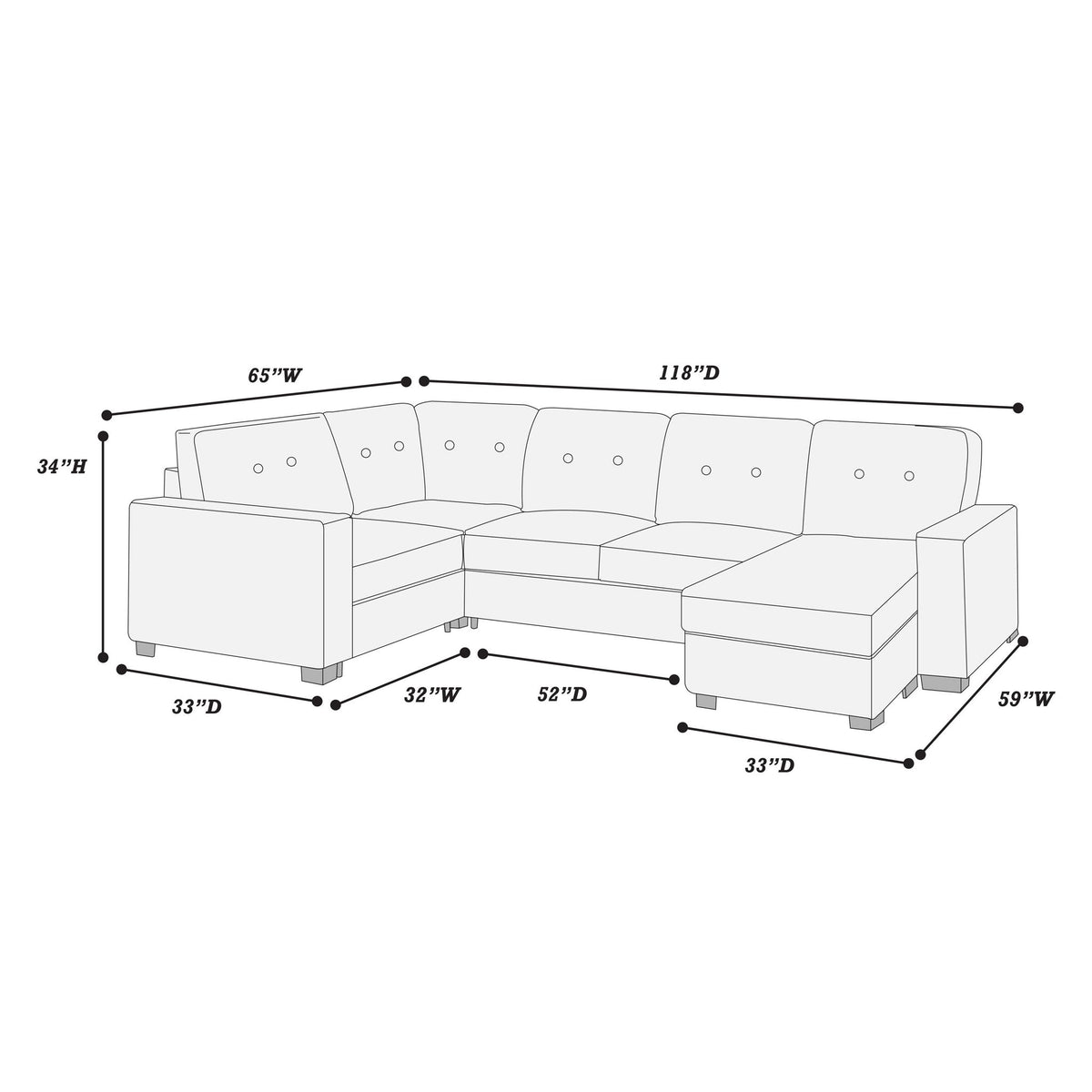 Reversible Chaise U - Sectional Couch, Upholstered Living Room 3 Piece Set - Blue