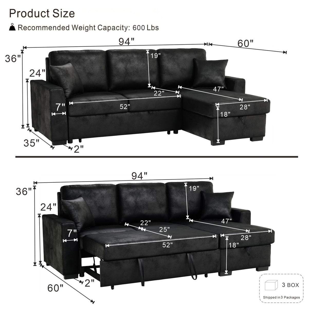 Upholstered Sectional With Pull-Out Bed And Chaise Storage