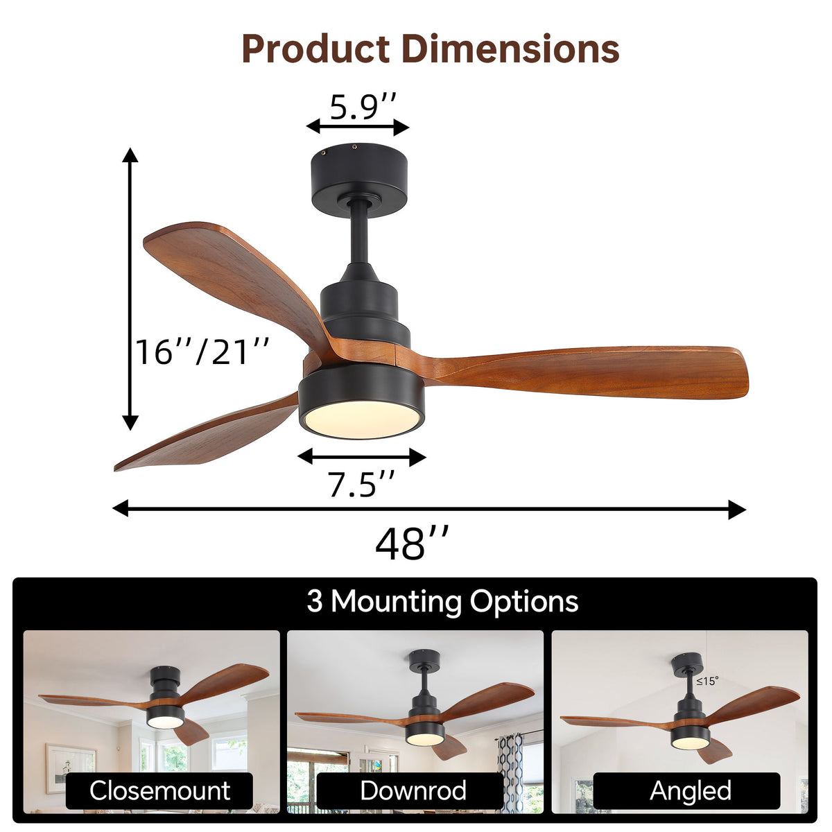 48" Ceiling Fan With Light, Dual Mount (Flush / Downrod), Dimmable LED, Quiet DC Motor, 3 Blades
