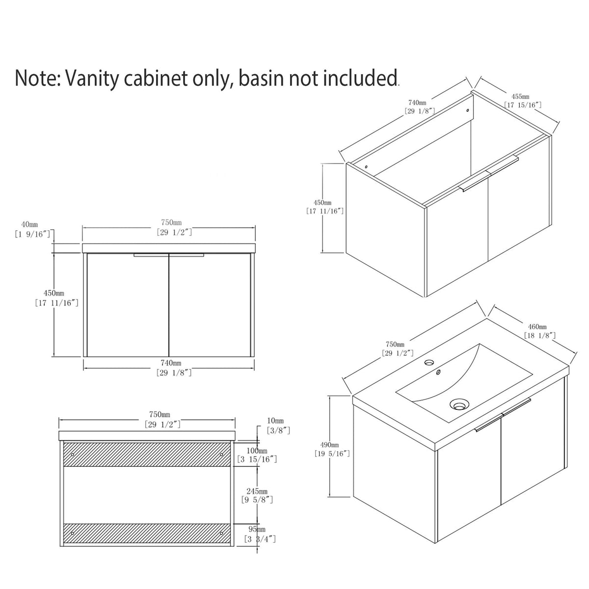 Floating Bathroom Vanity Cabinet & Soft Close Double Doors, Spacious Interior Storage, Wall Mounted, Cabinet Only