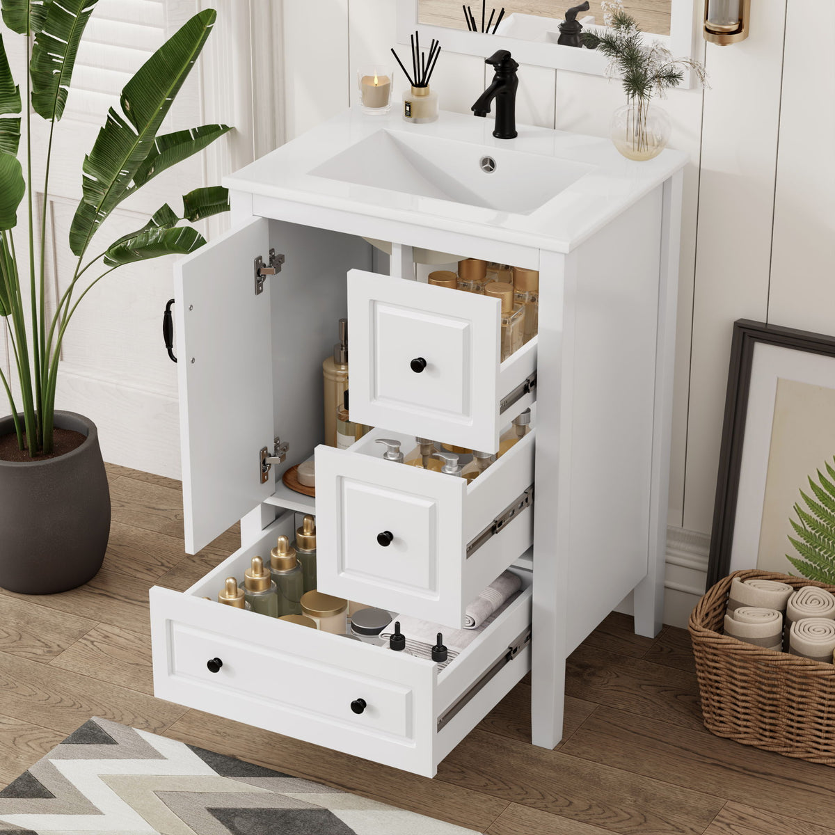 Freestanding Bathroom Vanity With Sink, Soft Closing Cabinet And Drawers - White