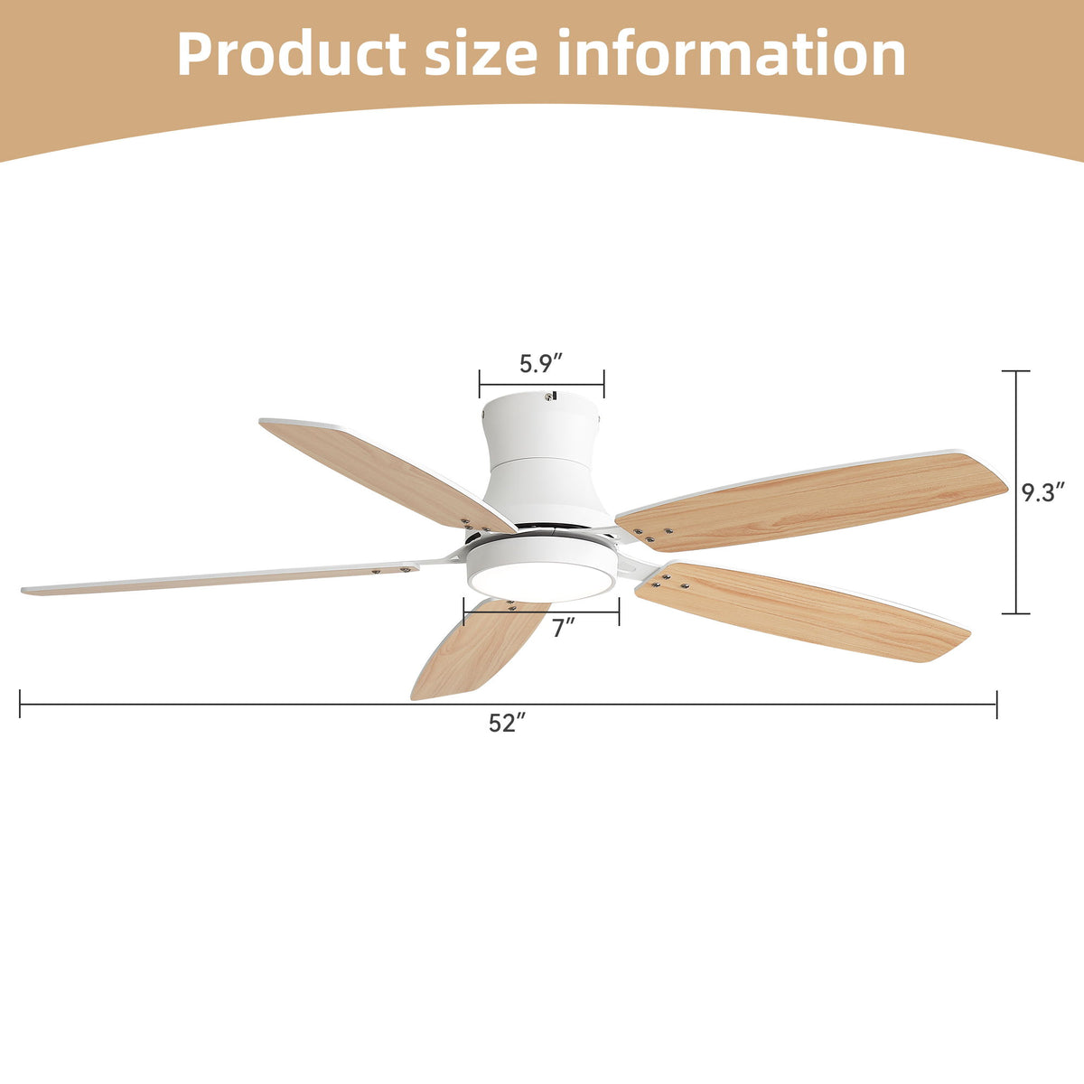 52" Flush Mount Ceiling Fan With Light, DC Motor, Remote Control, Dual Color