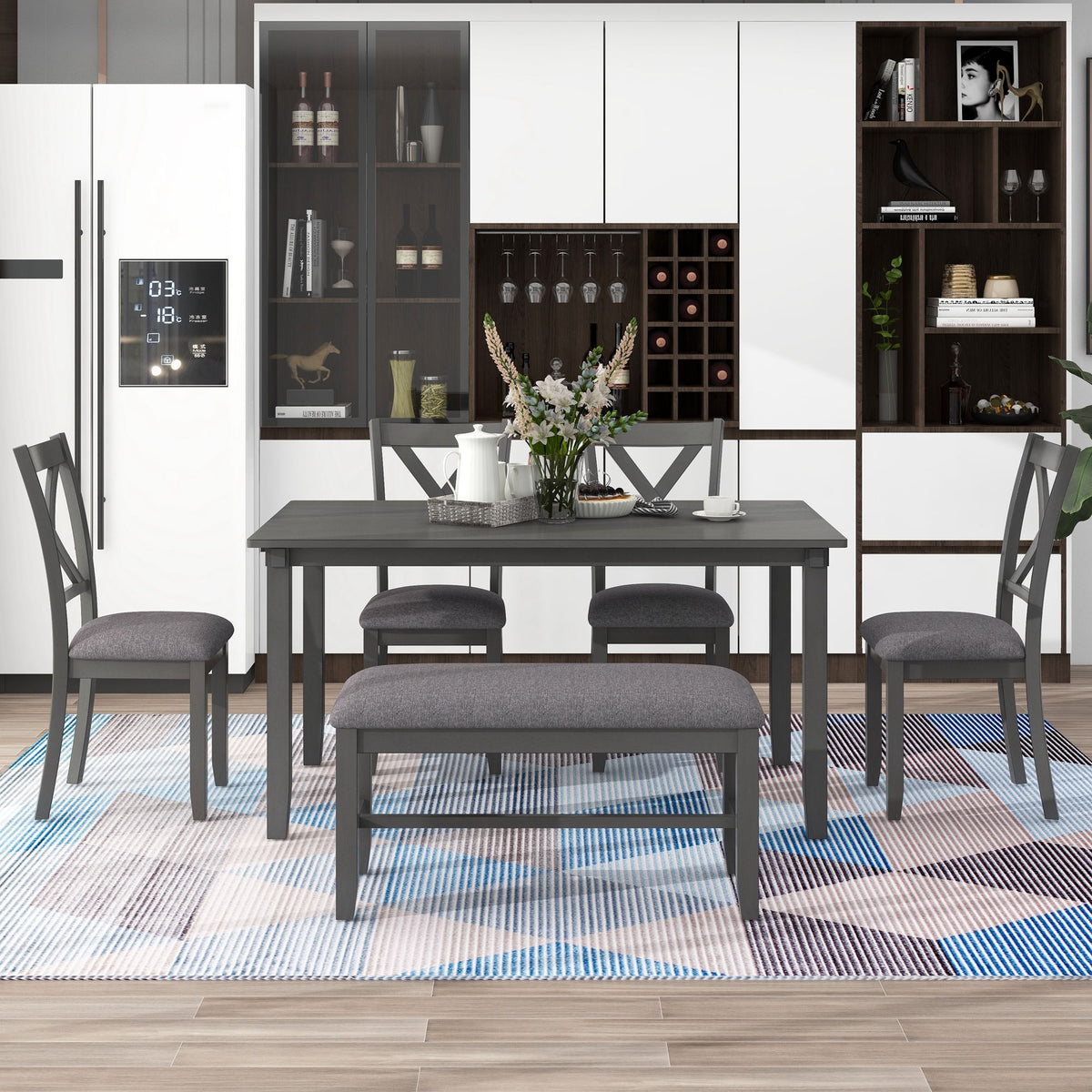 6 Piece Rectangular Dining Table Set With 4 Chairs And Bench