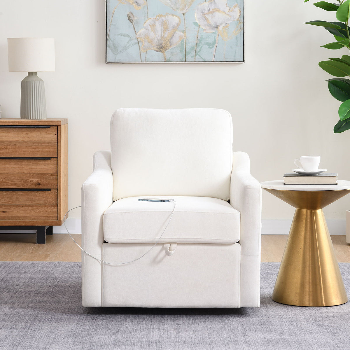 Swivel Arm Accent Chair, USB + Type C Charging And Book Pocket - White