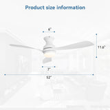 52" Low Profile Ceiling Fan With Lights, Quiet Reversible DC Motor, Dimmable LED, 3 Blades - White