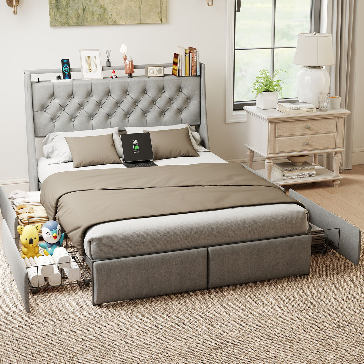 Platform Bed Frame With RGB LED Lights, Charging Station, Storage Headboard & 4 Underbed Drawers
