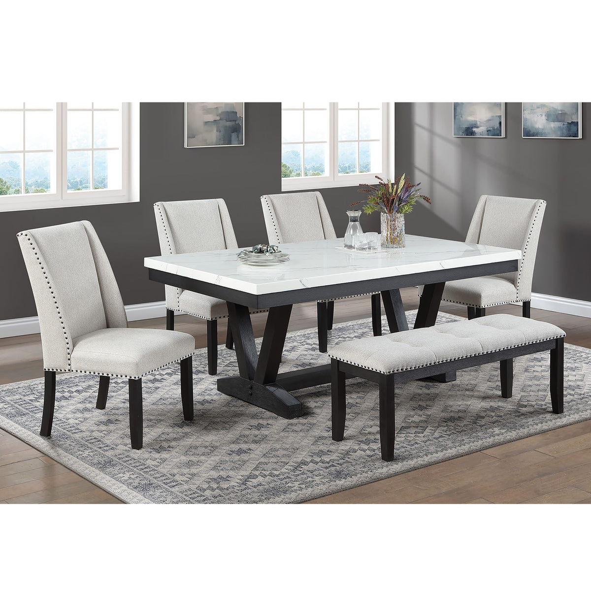 6 Piece Dining Set With Upholstered Chairs & Bench - Antique Black