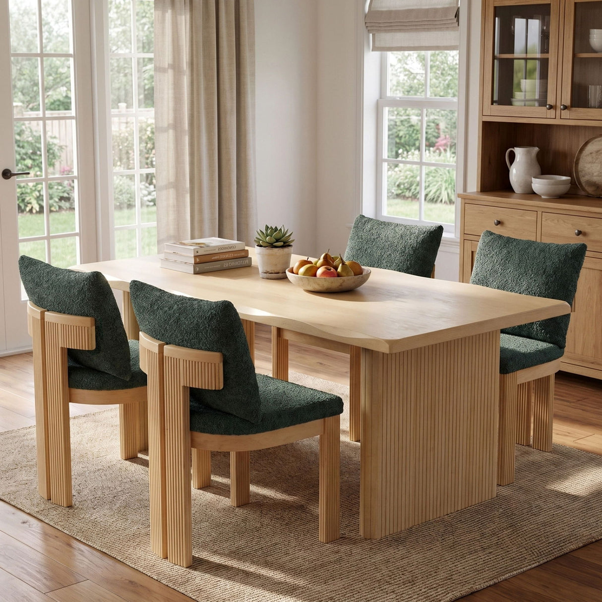 5 Piece Indoor Dining Set With Fluted Table Upholstered Chairs - Green / Natural