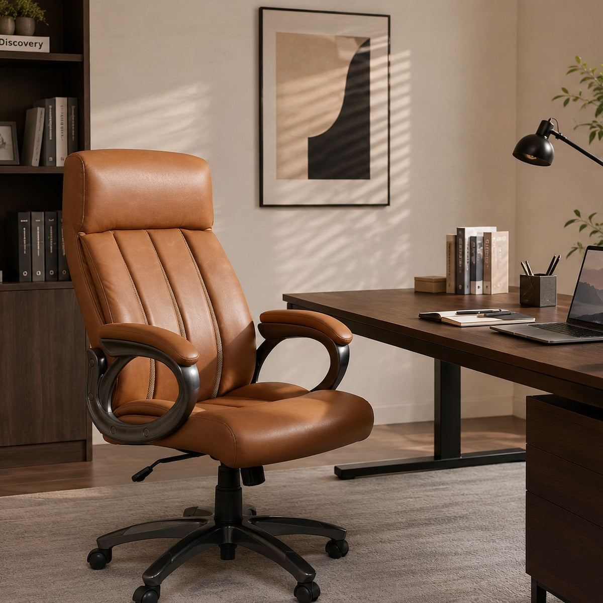 Executive Office High Back Ergonomic Desk Chair, Height Adjustable With Padded Armrest & 5 Point Base - Antique Brown