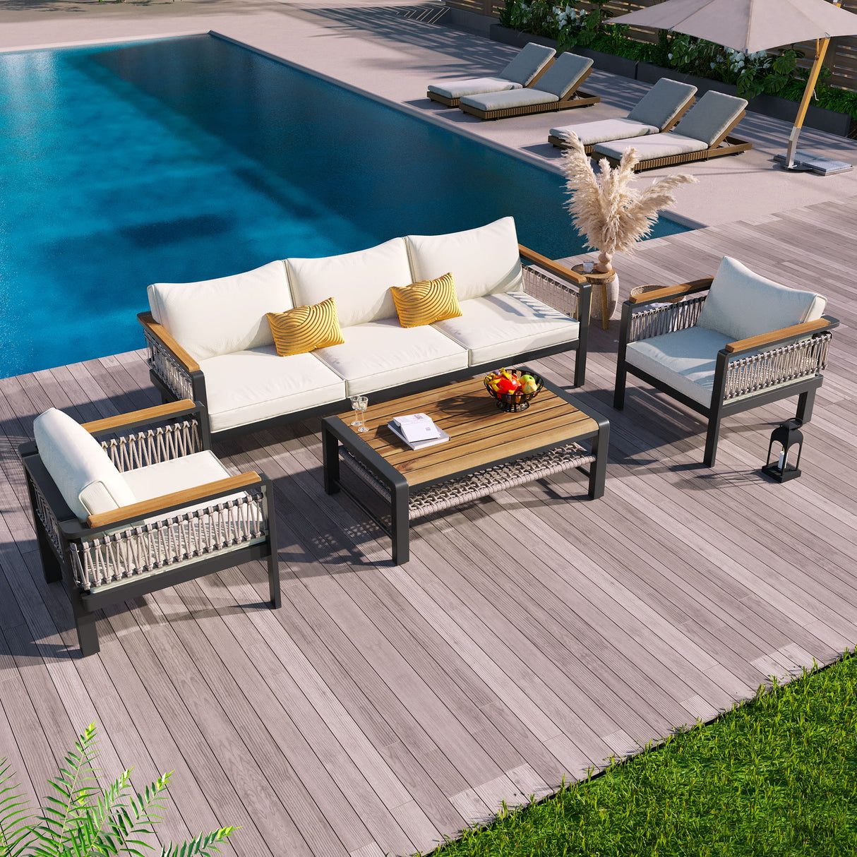 4 Pieces Outdoor Sectional Sofa Set 5 Person Patio Seating Group Outdoor Conversation Set With Cushions And A Coffee Table For Patios