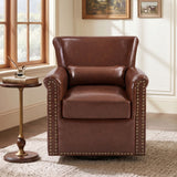 Swivel Accent Chair With Rolled Arm, Sewn Pillow Back, Nailhead Trim For Living Room