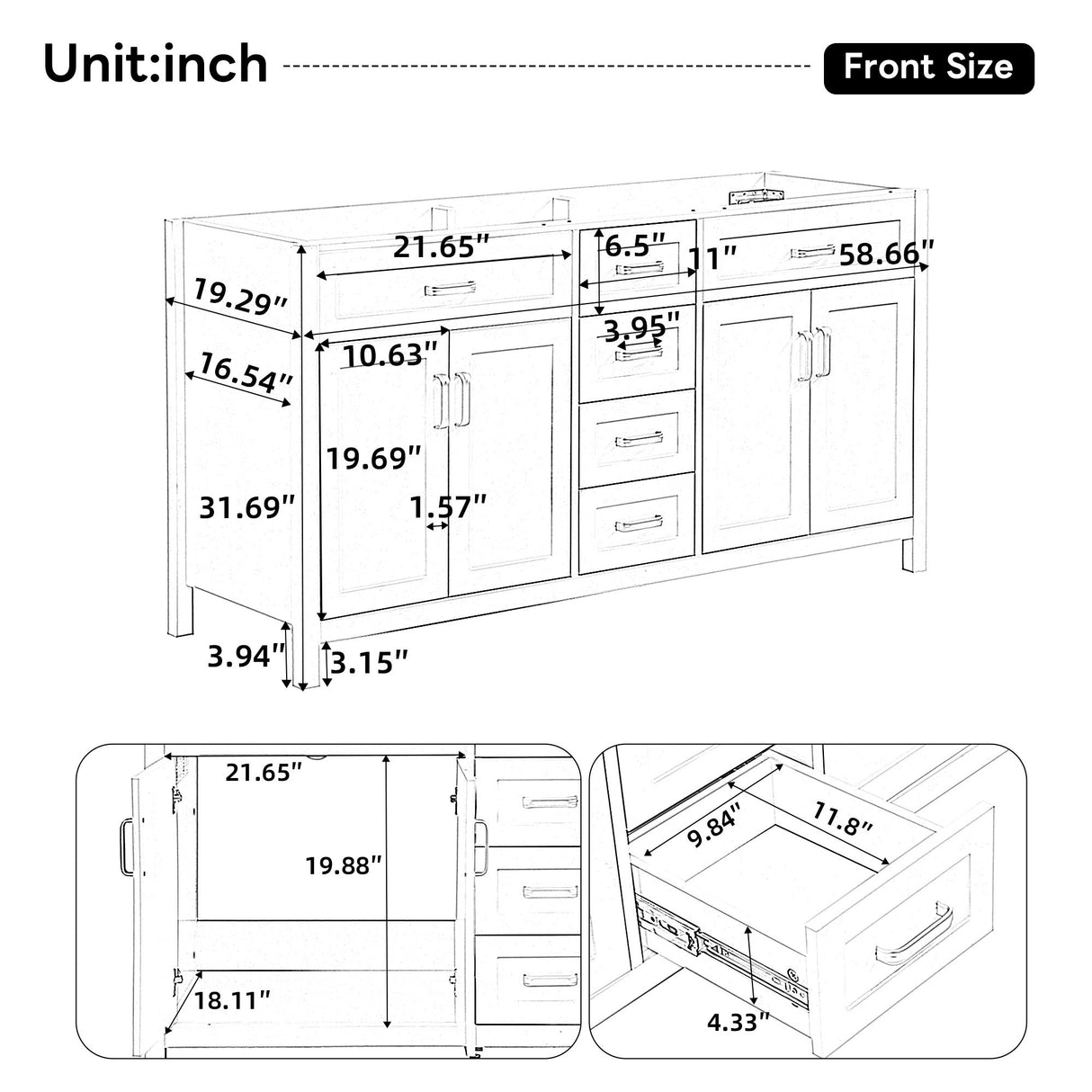 Bathroom Vanity Cabinet Only, Soft Close Doors & Drawers, 4 Drawers & 2 Double Door Cabinets - White