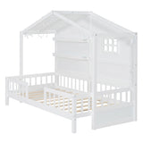 House Bed With Shelves, Window And Sparkling Light Strip On The Roof