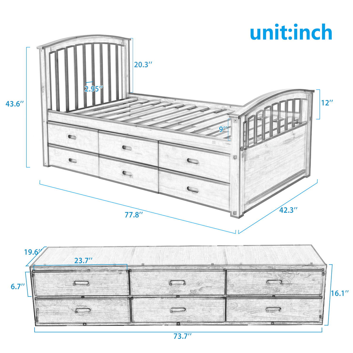 Twin Size Platform Storage Bed Solid Wood Bed With 6 Drawers - Gray
